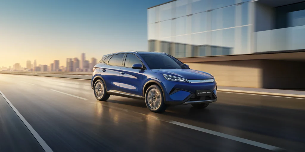 BYD ATTO 3 EVO Vezetés közben egy nagyváros a háttérben